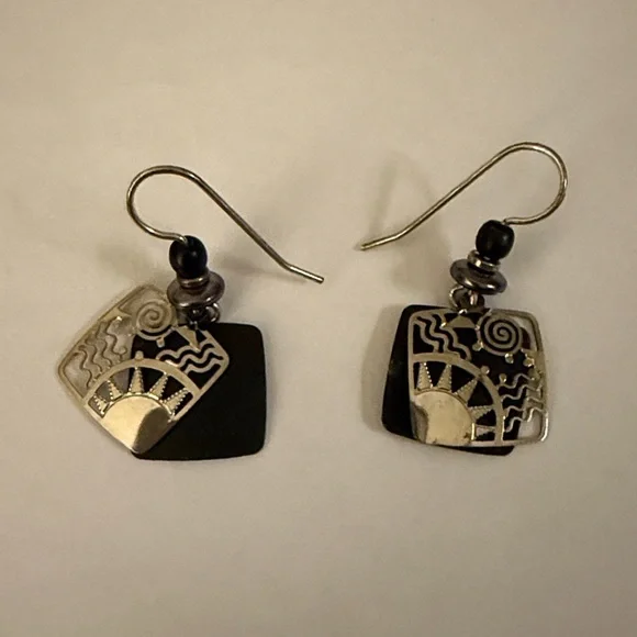 Left Hand Studios Sunrise Black & Silver-tone Adajio Earrings Sterling Wire. - Picture 2 of 4